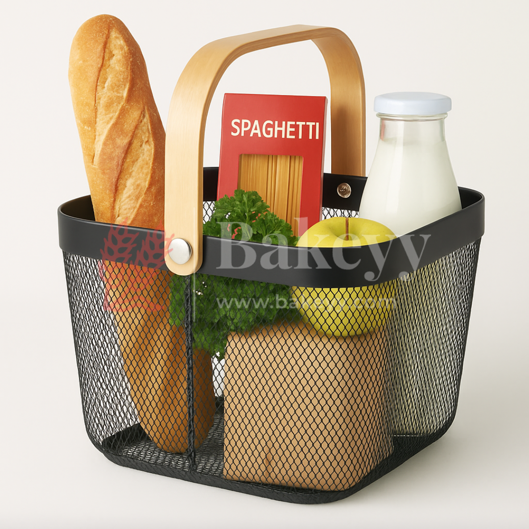 24x24x18 cm | Black Metal Basket with Wooden handle | 1 Piece
