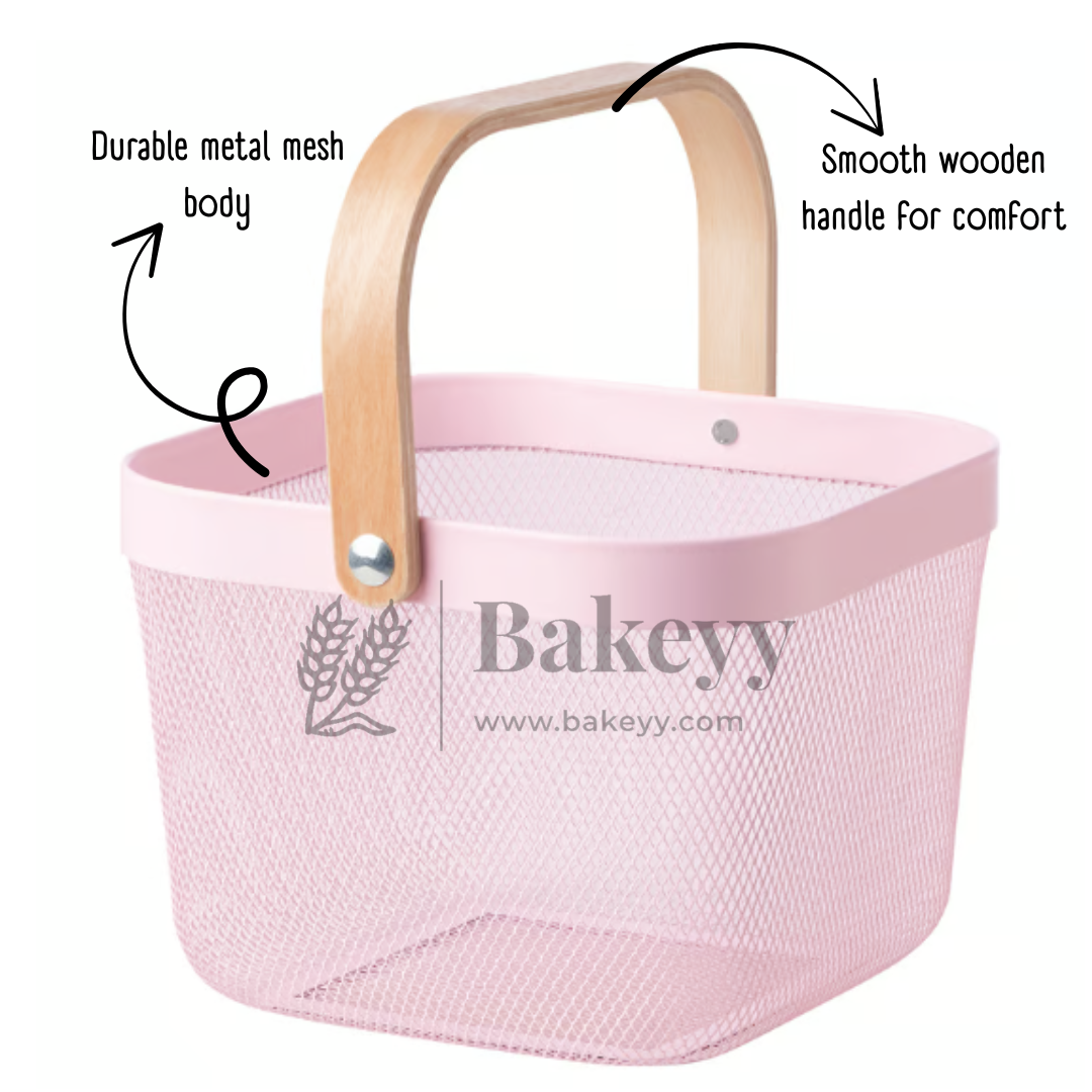 24x24x18 cm | Pastel Pink Metal Basket with Wooden handle | 1 Piece