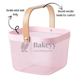 24x24x18 cm | Pastel Pink Metal Basket with Wooden handle | 1 Piece