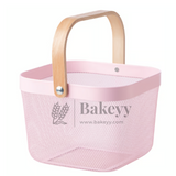 24x24x18 cm | Pastel Pink Metal Basket with Wooden handle | 1 Piece