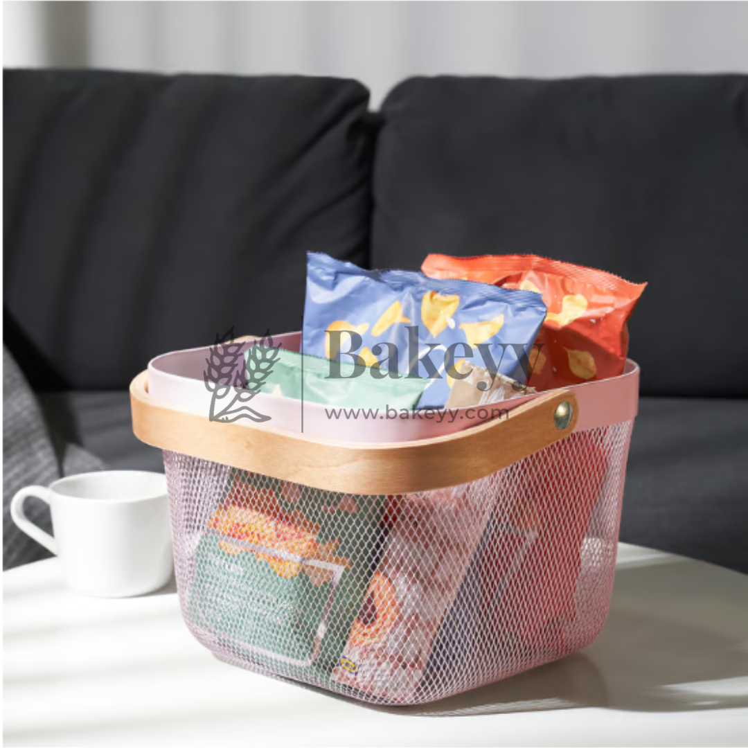 24x24x18 cm | Pastel Pink Metal Basket with Wooden handle | 1 Piece