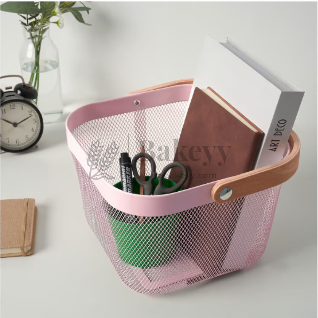 24x24x18 cm | Pastel Pink Metal Basket with Wooden handle | 1 Piece