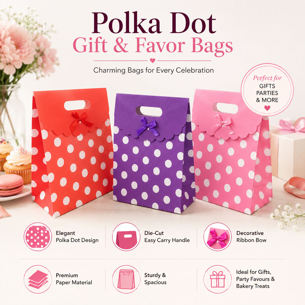 Polka dot gift bags in red, purple, and pink with decorative ribbons on a celebratory background.