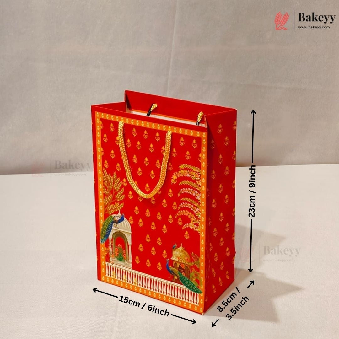Decorative Indian Heritage Design Paper Gift Bag with Handle | Red & Yellow | Pack of 10