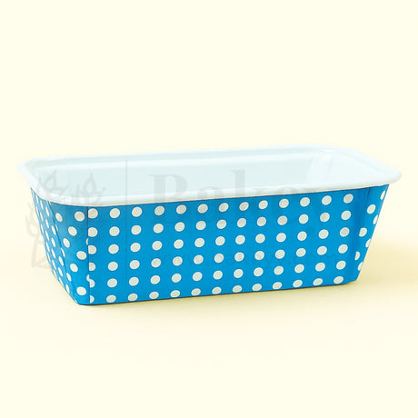 Blue container with white polka dots on a beige background