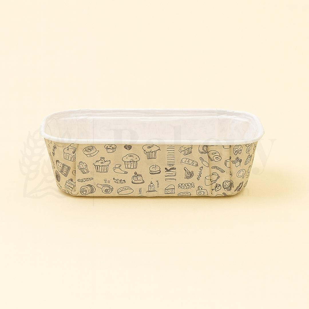 Rectangular food container with a beige pattern on a beige background