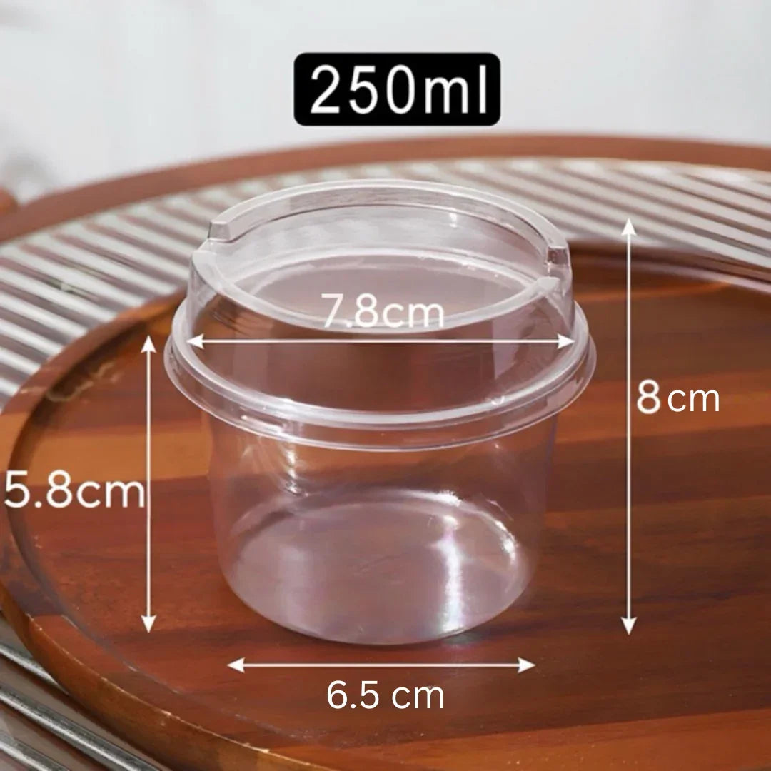 Clear plastic container with dimensions labeled on a wooden surface