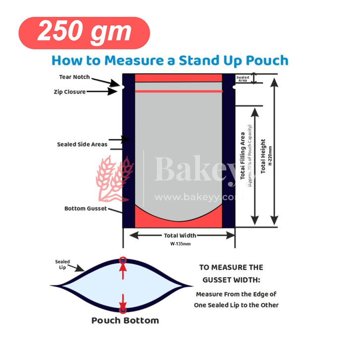 250 gm | Zip Lock Pouch | Red Printed Pouch With Window | 13.5x22 CM | Standing Pouch - Bakeyy.com
