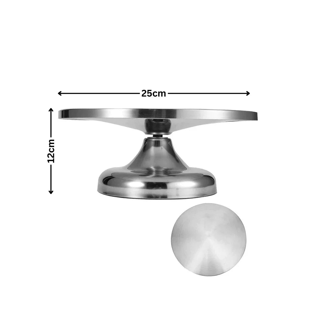 10 inch stainless steel rotating cake stand shown with size dimensions — Bakeyy.com