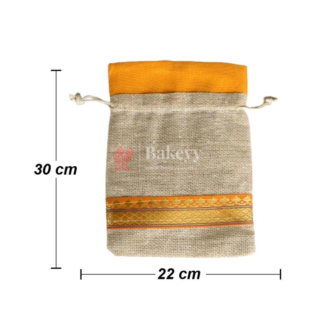 22x23 CM | Jute Gift Bag with Orange with golden stripes | Drawstring Bags - Bakeyy.com - India - {{ variant.name }}