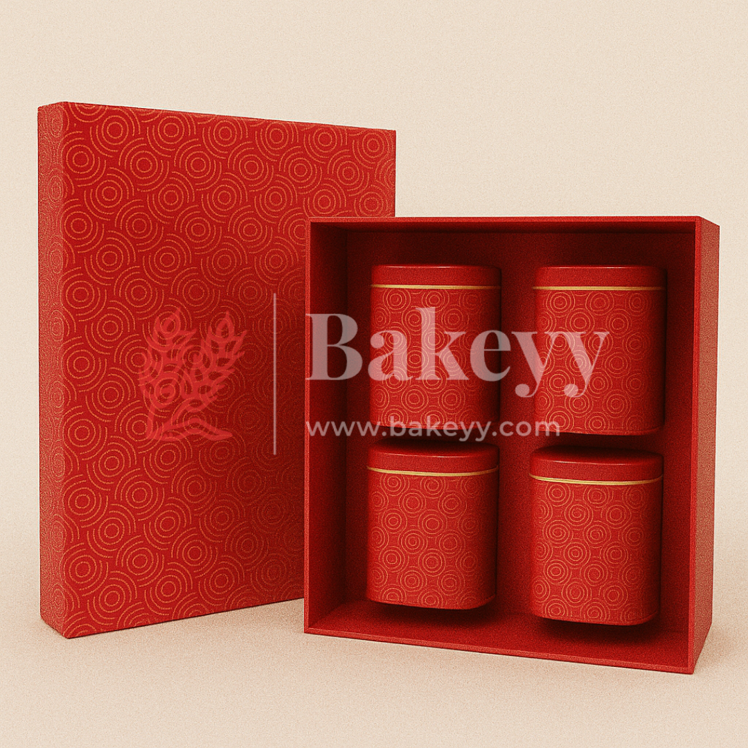 26x26x11 cm | Rigid Square Shaped Gift Box with 4 Tin Jars | Hamper Box | Red | 1 Piece