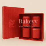 26x26x11 cm | Rigid Square Shaped Gift Box with 4 Tin Jars | Hamper Box | Red | 1 Piece