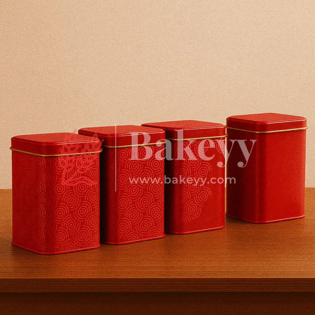 26x26x11 cm | Rigid Square Shaped Gift Box with 4 Tin Jars | Hamper Box | Red | 1 Piece