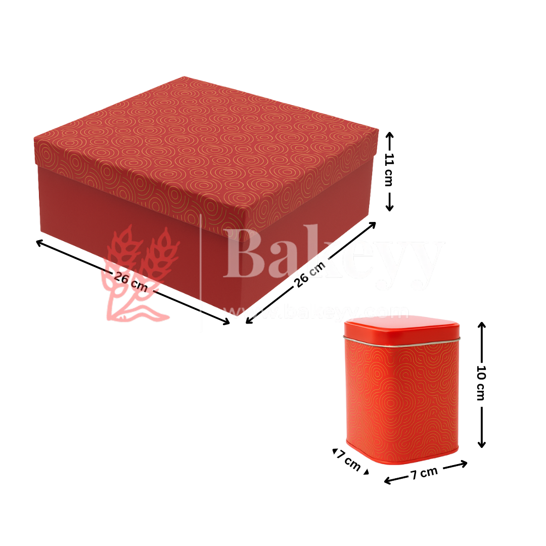 26x26x11 cm | Rigid Square Shaped Gift Box with 4 Tin Jars | Hamper Box | Red | 1 Piece