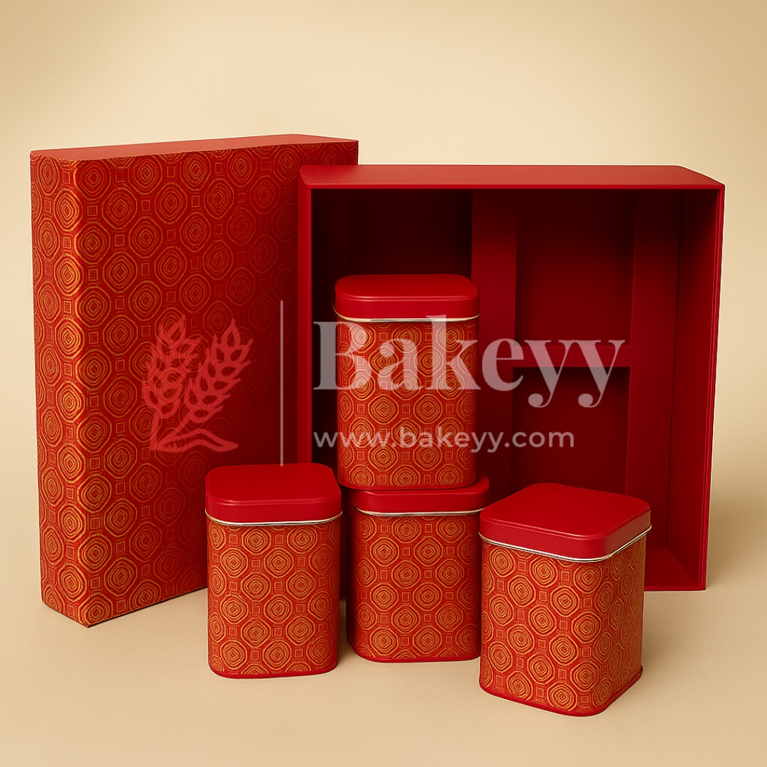 26x26x11 cm | Rigid Square Shaped Gift Box with 4 Tin Jars | Hamper Box | Red | 1 Piece
