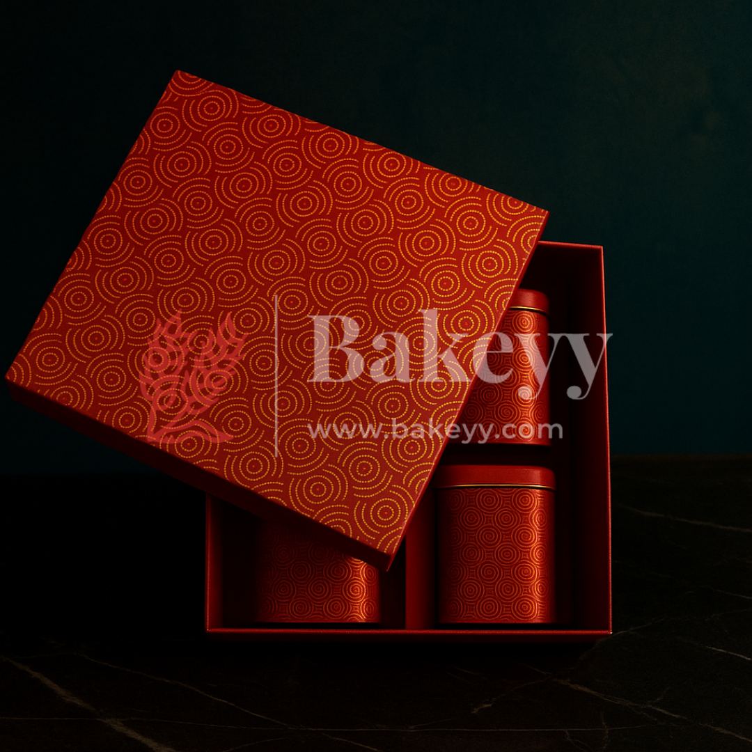 26x26x11 cm | Rigid Square Shaped Gift Box with 4 Tin Jars | Hamper Box | Red | 1 Piece