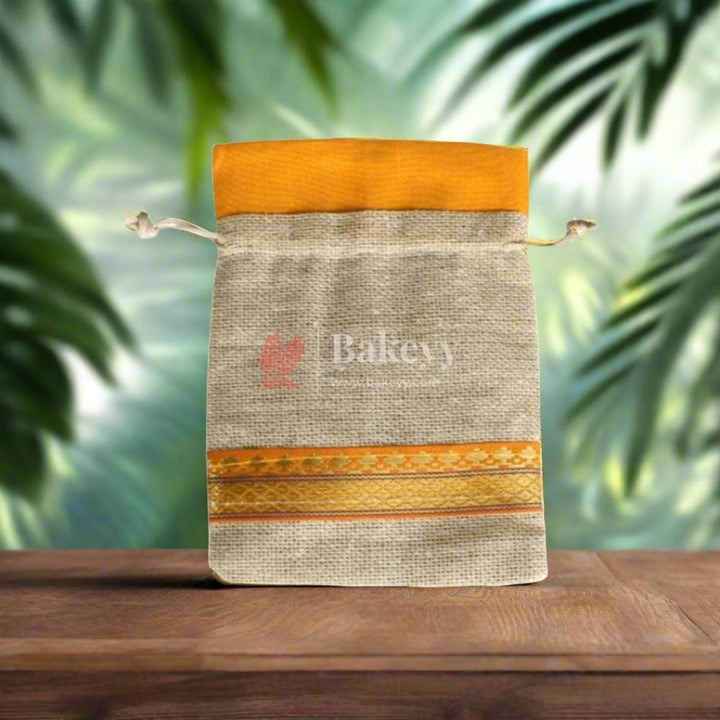 9x12 Inch | Jute Gift Bag with Orange Trim | Drawstring Bags - Bakeyy.com
