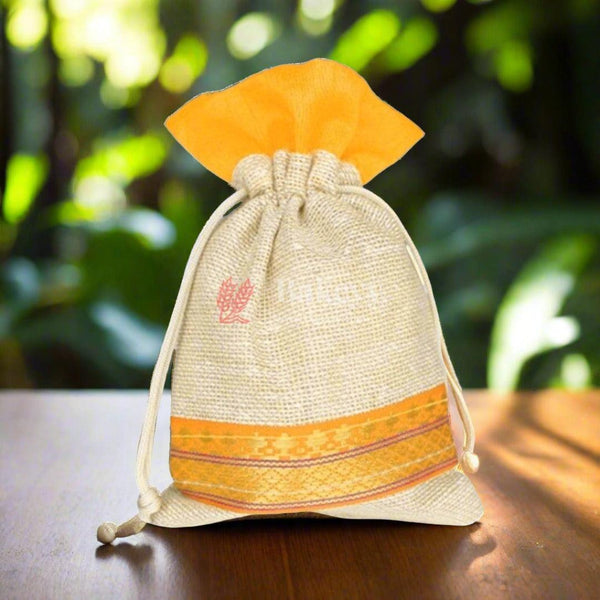 9x12 Inch | Jute Gift Bag with Orange Trim | Drawstring Bags - Bakeyy.com