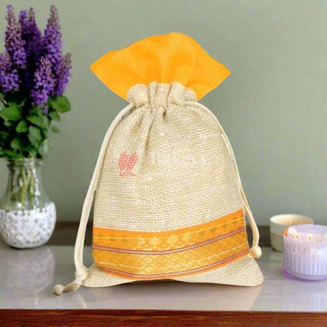 22x23 CM | Jute Gift Bag with Orange with golden stripes | Drawstring Bags - Bakeyy.com - India - {{ variant.name }}