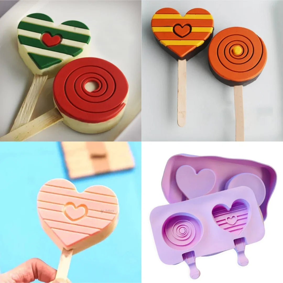 2 Cavity Heart & Swirl Silicone Popsicle Mould | Lollipop Mould | Pack of 1