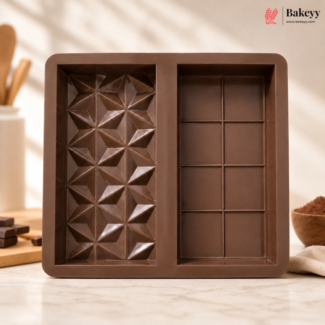 Chocolate mold with geometric patterns on a light wooden surface, featuring the Bakeey brand.