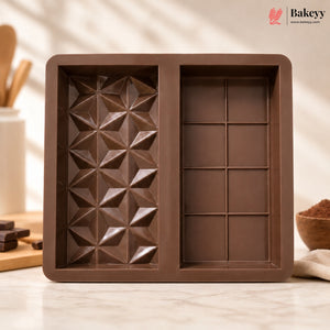 Chocolate mold with geometric patterns on a light wooden surface, featuring the Bakeey brand.