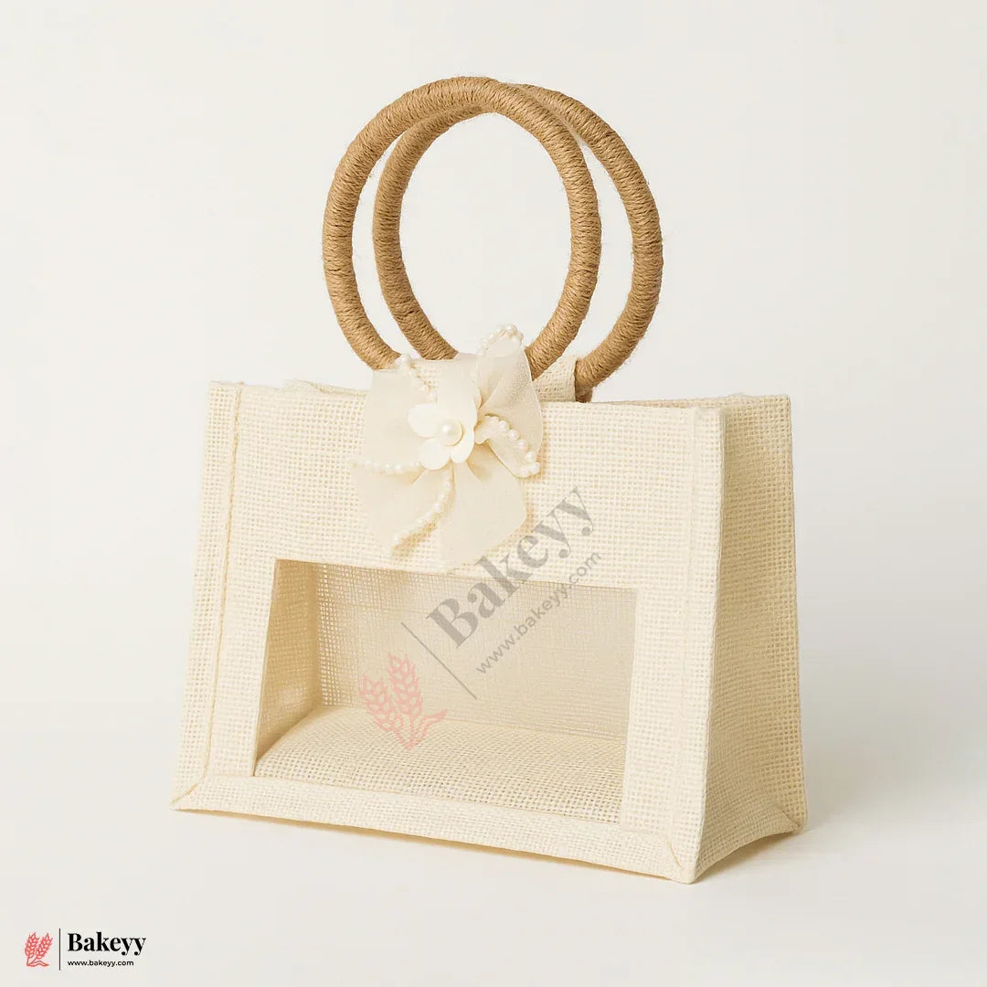 8x6x4 Inch Premium 2 Jar Jute Gift Bag with Transparent Window & Floral Accent – Pack Of 1 - Bakeyy.com - India - 8x6x4 Inch Premium 2 Jar Jute Gift Bag with Transparent Window & Floral Accent – Pack Of 1 - Default Title