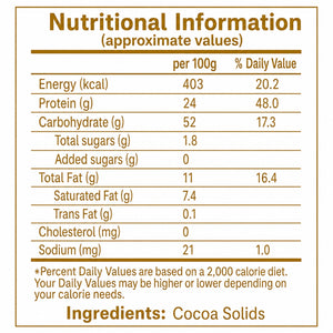 Nutritional information label for cocoa solids, showing per 100g values for energy, protein, carbohydrate, sugars, fat, and sodium, with ingredients text at the bottom.