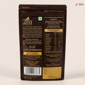 Back view of a chocolate packaging with brand details and nutritional information on a beige background