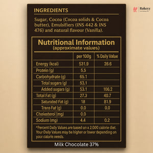 A close-up of a milk chocolate bar's nutrition label showing ingredients and nutritional information per 100g, with 'Milk Chocolate 37%' printed below on a beige background.