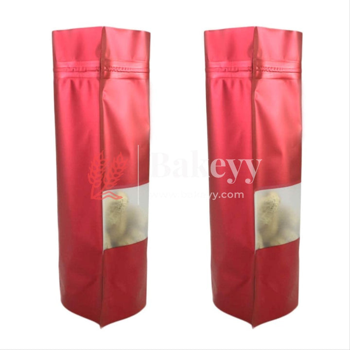 100 gm | Zip Lock Pouch |Red Color With Window | 10x17 CM | Standing Pouch - Bakeyy.com