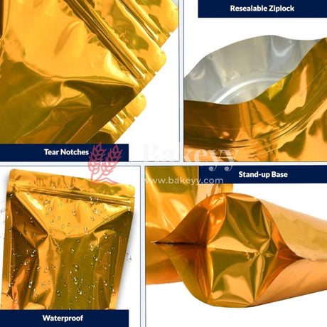 Zip Lock Pouch | Gold Pouch Without Window | Customized Printing - Bakeyy.com - India - Zip Lock Pouch | Gold Pouch Without Window | Customized Printing - Pack of 1000 / 10x17 CM - 100 gm