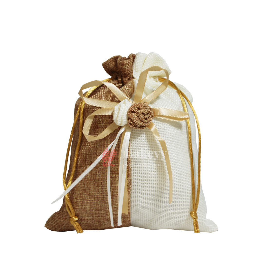 20x24cm| Brown & Cream Jute Potli Bag with Floral Accent | Traditional Potli Bag | Wedding Favor Bag | Jewelry Pouch | Floral Accent Gift Bag | Pack of 10