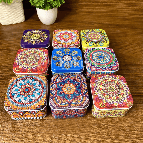 Matka Tin | Square Shaped Decorative Boxes | Pack Of 12 | Candle Tin Box | Different Designs | - Bakeyy.com - India - Matka Tin | Square Shaped Decorative Boxes | Pack Of 12 | Candle Tin Box | Different Designs | - Default Title