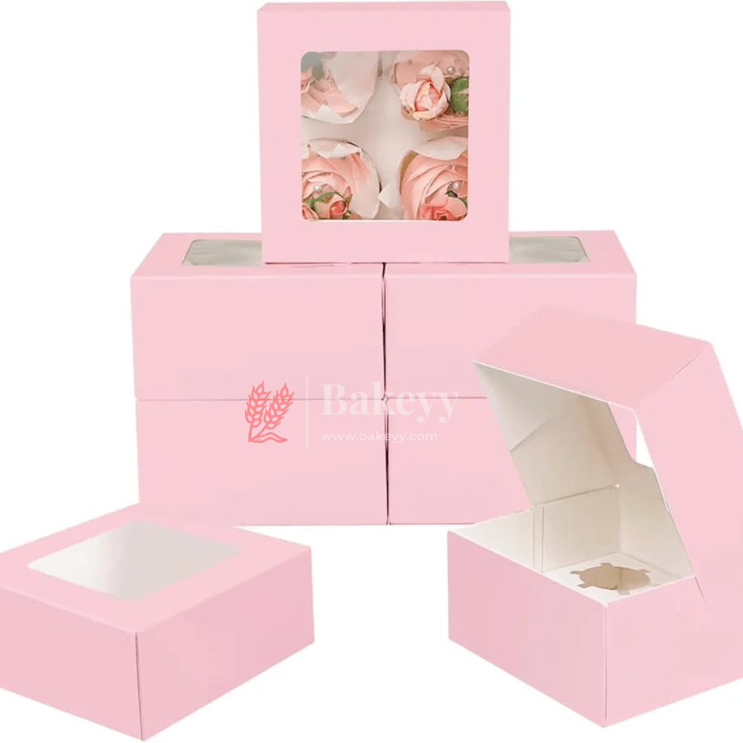 4 Cupcake Box | With Window On The Top | Pink Color | - Bakeyy.com - India - 4 Cupcake Box | With Window On The Top | Pink Color | - Pack of 10