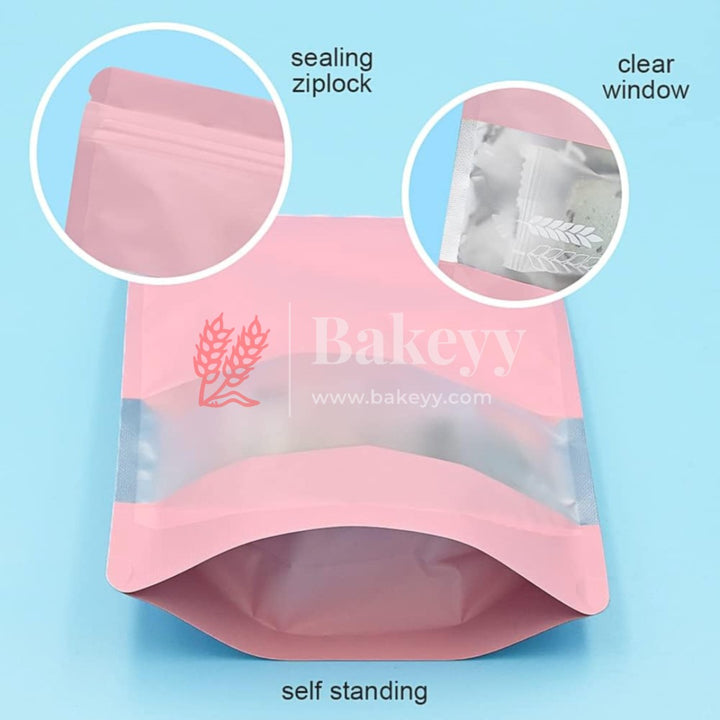 500 gm | Zip Lock Pouch |Pink Color With Window | 16x23 CM | Standing Pouch - Bakeyy.com