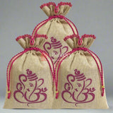 13x20 CM | Jute Potli Bag | Gift Return Gifts Bags| Lord Ganesh Printed Jute Bag | Drawstring Bags - Bakeyy.com - India - 13x20 CM | Jute Potli Bag | Gift Return Gifts Bags| Lord Ganesh Printed Jute Bag | Drawstring Bags - Pack of 50 / 5x8 Inch
