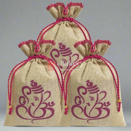 13x20 CM | Jute Potli Bag | Gift Return Gifts Bags| Lord Ganesh Printed Jute Bag | Drawstring Bags - Bakeyy.com - India - 13x20 CM | Jute Potli Bag | Gift Return Gifts Bags| Lord Ganesh Printed Jute Bag | Drawstring Bags - Pack of 50 / 5x8 Inch