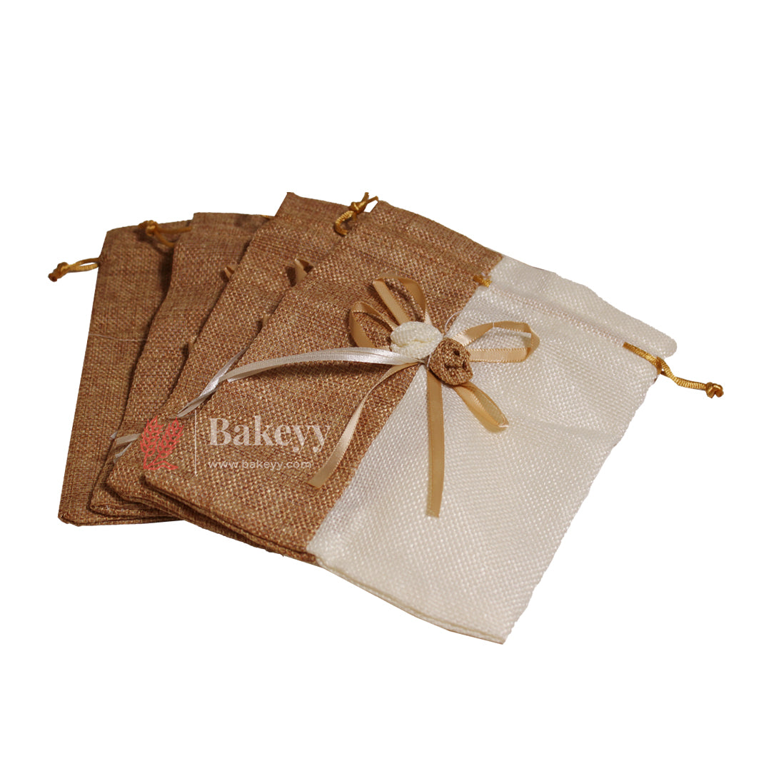 20x24cm| Brown & Cream Jute Potli Bag with Floral Accent | Traditional Potli Bag | Wedding Favor Bag | Jewelry Pouch | Floral Accent Gift Bag | Pack of 10
