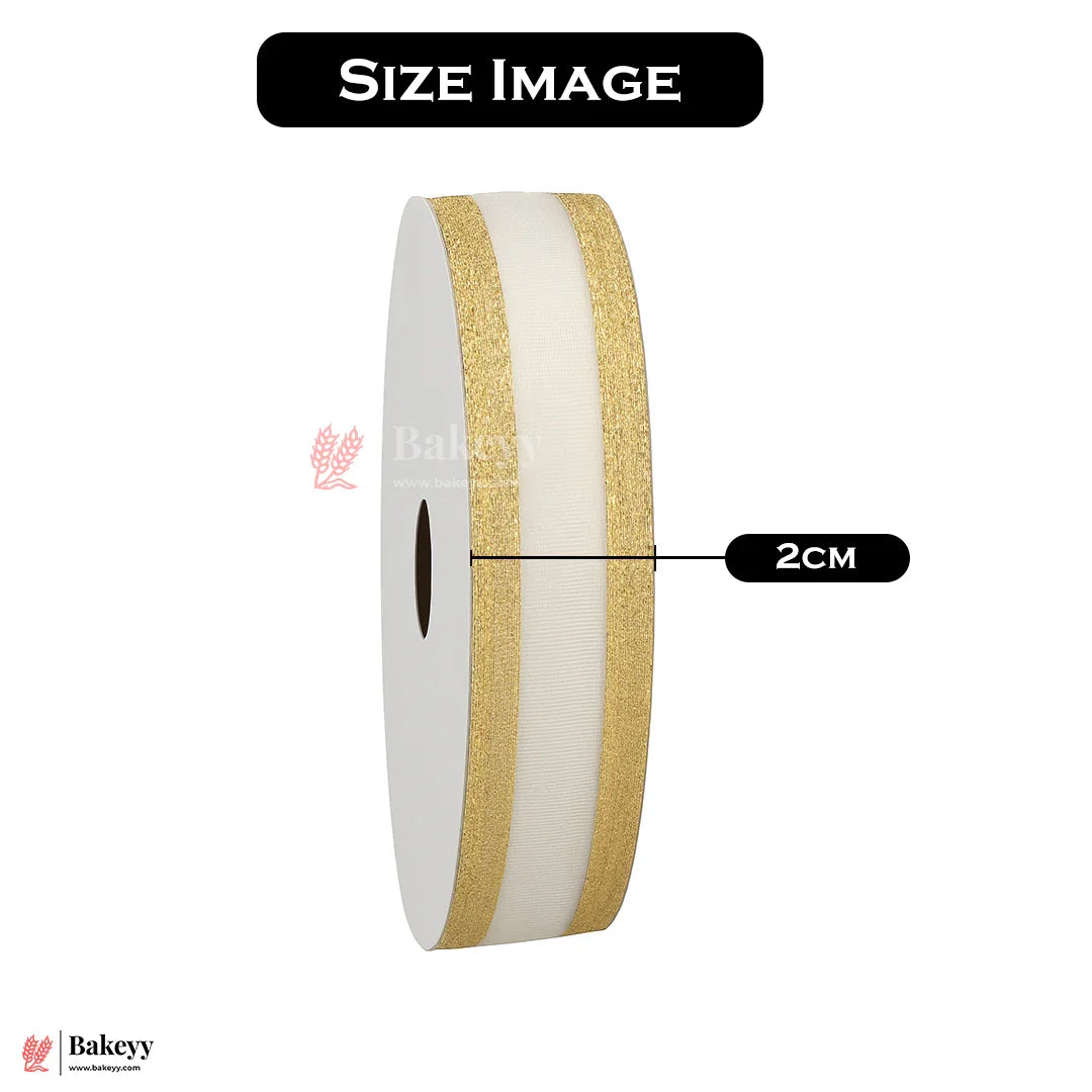 1849|18 mtr Gold Glitter Edge White Net Ribbon Roll – 2cm Decorative Craft & Gift Wrapping Ribbon