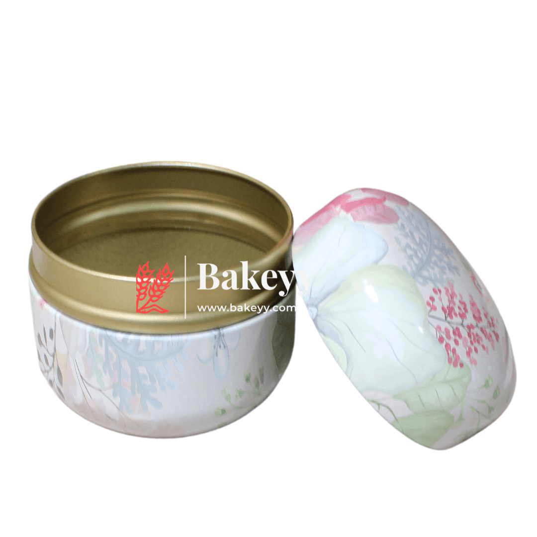 White with leaves | Floral Empty Candle Tin Candle Round Shaped Decorative Boxes | Candle Tin Box | Pack of 5 | - Bakeyy.com - India - White with leaves | Floral Empty Candle Tin Candle Round Shaped Decorative Boxes | Candle Tin Box | Pack of 5 | - Default Title