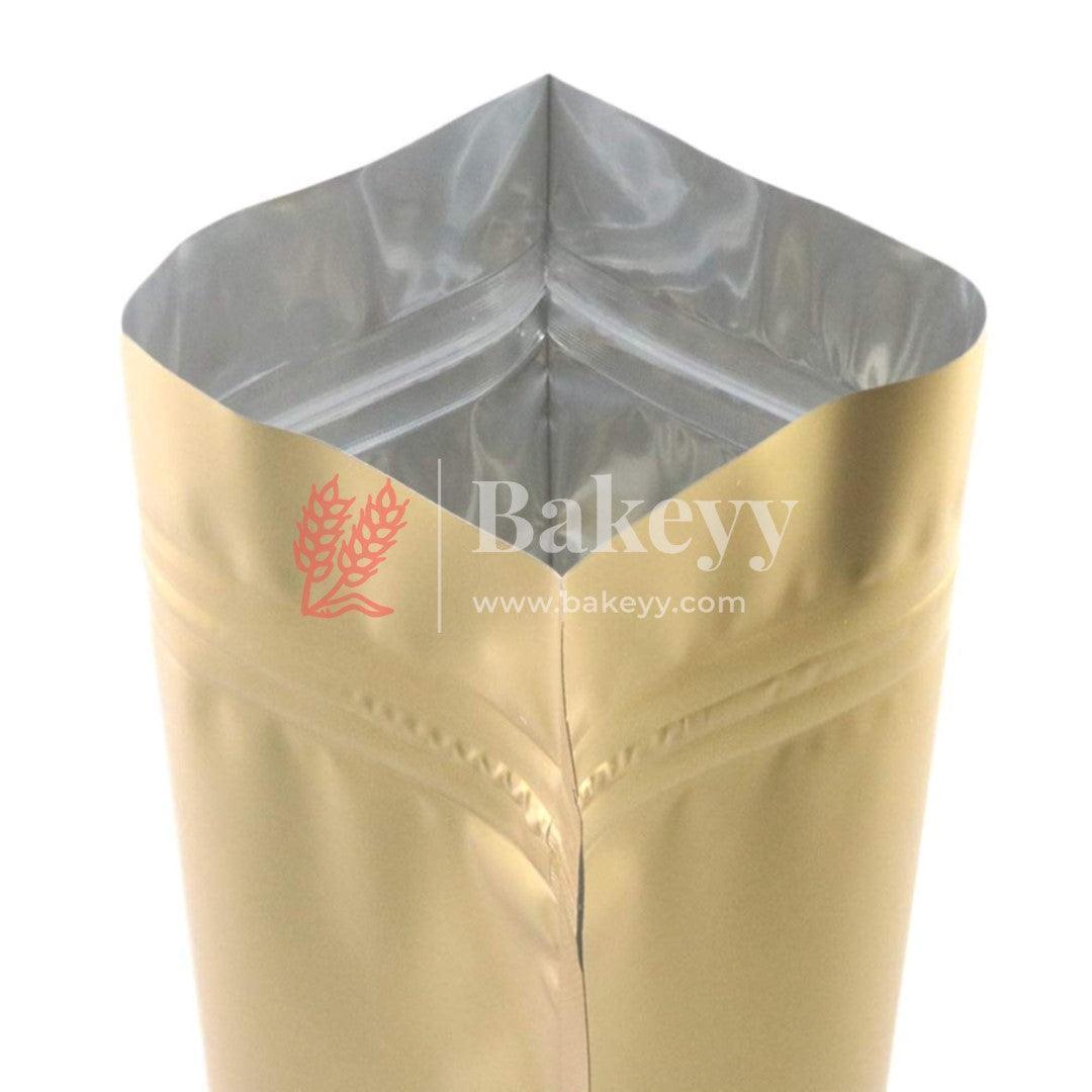 500 gm | Zip Lock Pouch |Gold Color With Window | 16x23 CM | Standing Pouch | 110 GSM | - Bakeyy.com - India - 500 gm | Zip Lock Pouch |Gold Color With Window | 16x23 CM | Standing Pouch | 110 GSM | - Pack Of 50 / 16x23 cm / 500 gm