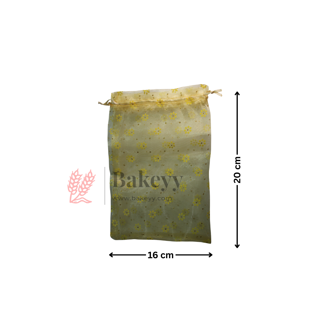 16x20 CM | Floral Dots Designs Organza Potli Bags | Pack of 50 |  Yellow Color | Candy Bag