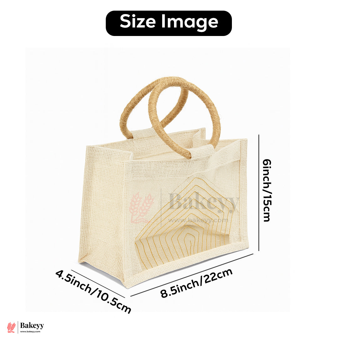 22x10.5x15 cm Beige & Cream Jute Gift Bag with Transparent Window & Round Handles Pack Of 1