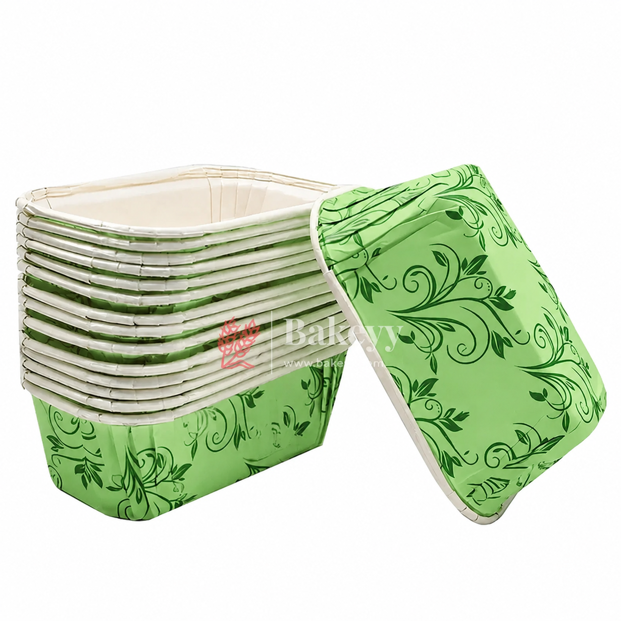 Stack of green and white floral-patterned paper cake boxes on a white background