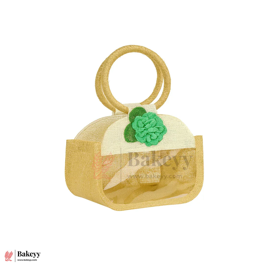 21x11x27 CM | Beige & Cream 2 Jar Jute Gift Bag with Floral Accent & Transparent Window – Eco-Friendly Hamper Bag