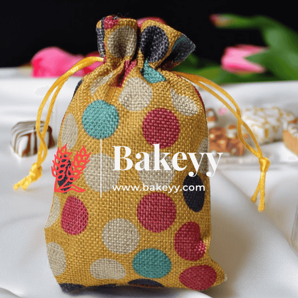 Dot Print | Printed Potli Jute Bag | Gift Return Gifts Bags | Drawstring Bags | Pack Of 10 | - Bakeyy.com - India - Dot Print | Printed Potli Jute Bag | Gift Return Gifts Bags | Drawstring Bags | Pack Of 10 | - Yellow