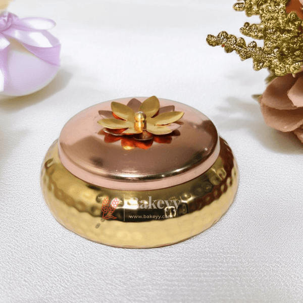 Hammered Copper Decorative Jar with Floral Lid | Copper tin & Gold lid - Bakeyy.com - India - Hammered Copper Decorative Jar with Floral Lid | Copper tin & Gold lid - Small