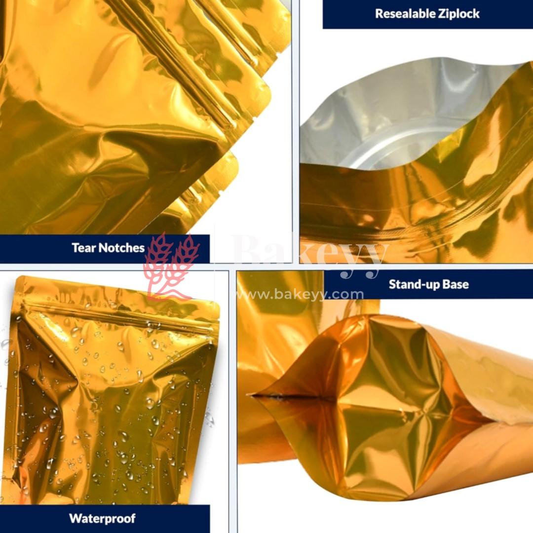 500 gm | Zip Lock Pouch | Gold Pouch Without Window | 16x23 CM | Standing Pouch | 110 GSM | - Bakeyy.com - India - 500 gm | Zip Lock Pouch | Gold Pouch Without Window | 16x23 CM | Standing Pouch | 110 GSM | - Pack Of 50 / 16x23 cm / 500 gm