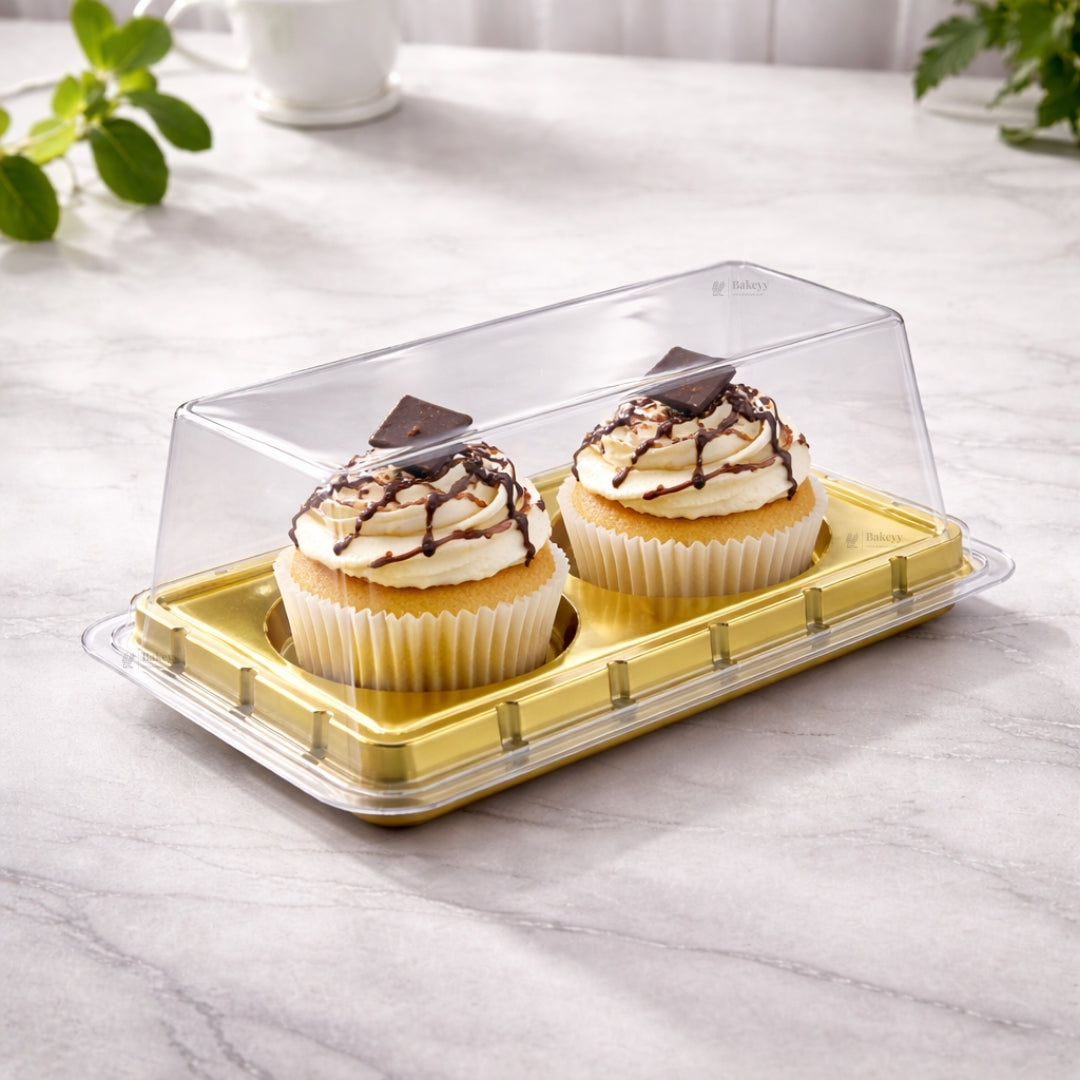 2 Cavity Cupcake & Pastry Container | Cupcake Display Container | Gold Base with Clear Lid | Pack of 25
